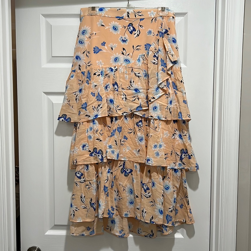 Ann Taylor Pink Blue Floral Butterfly Print Tiered Ruffle Long Skirt Sz 4
